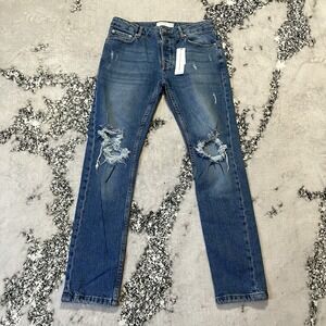 Topman Jeans Mens Size 30 X 30‎ Blue Stretch Skinny Leg Distressed Button Fly